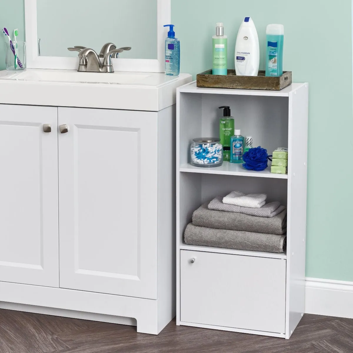 3-Tier Wood Storage Shelf with Door, White