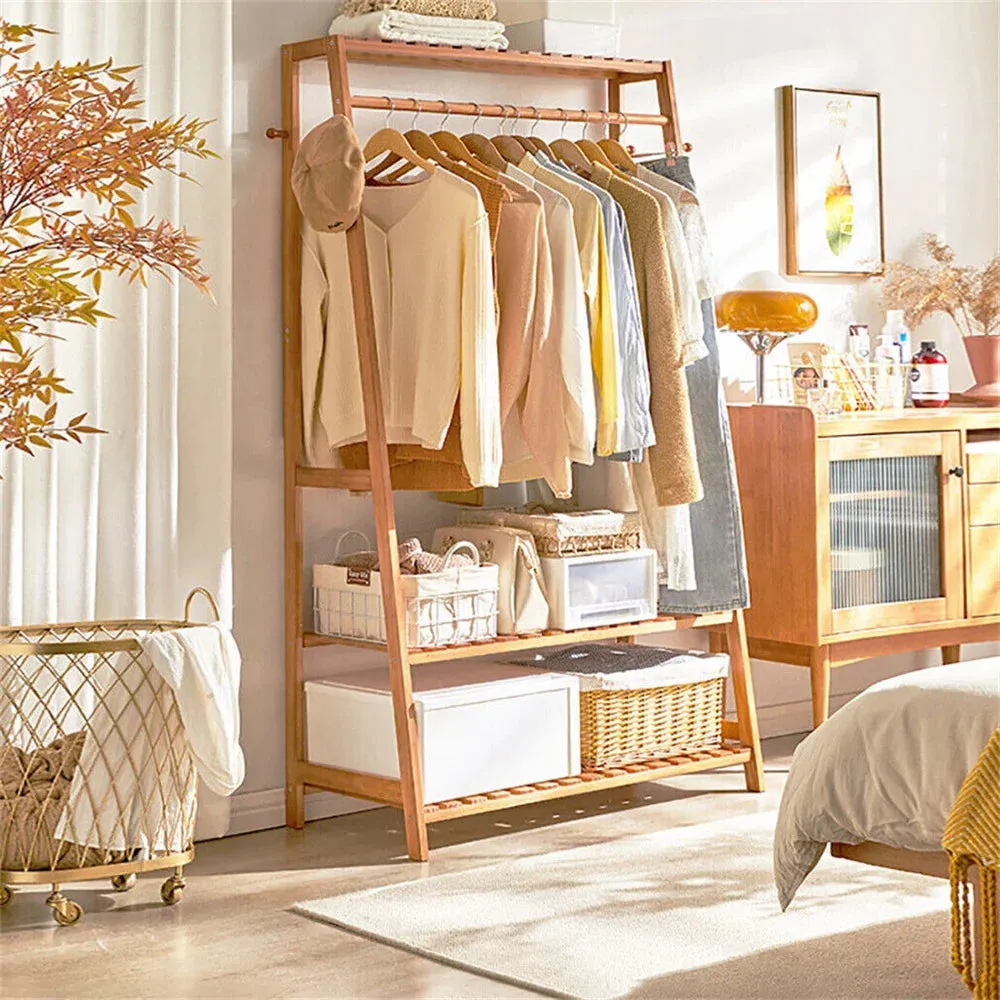 Bamboo Garment Rack Shelf Shoe Storage
