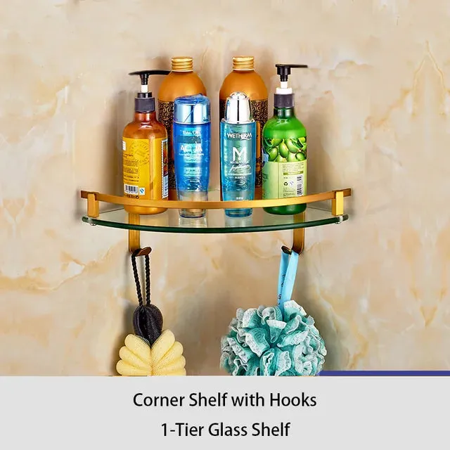 Bathroom Accessory Antique Brass Collection Glass Shelf with Towel Bar