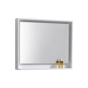 BLISS -36" GLOSS WHITE  Mirror with Wood Frame & Bottom Shelf