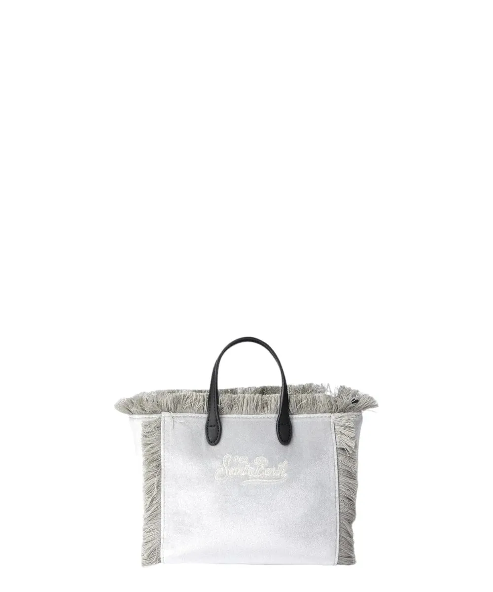 Borsa a Mano Mini Vanity in Velluto Grigio con Logo Saint Barth in Strass