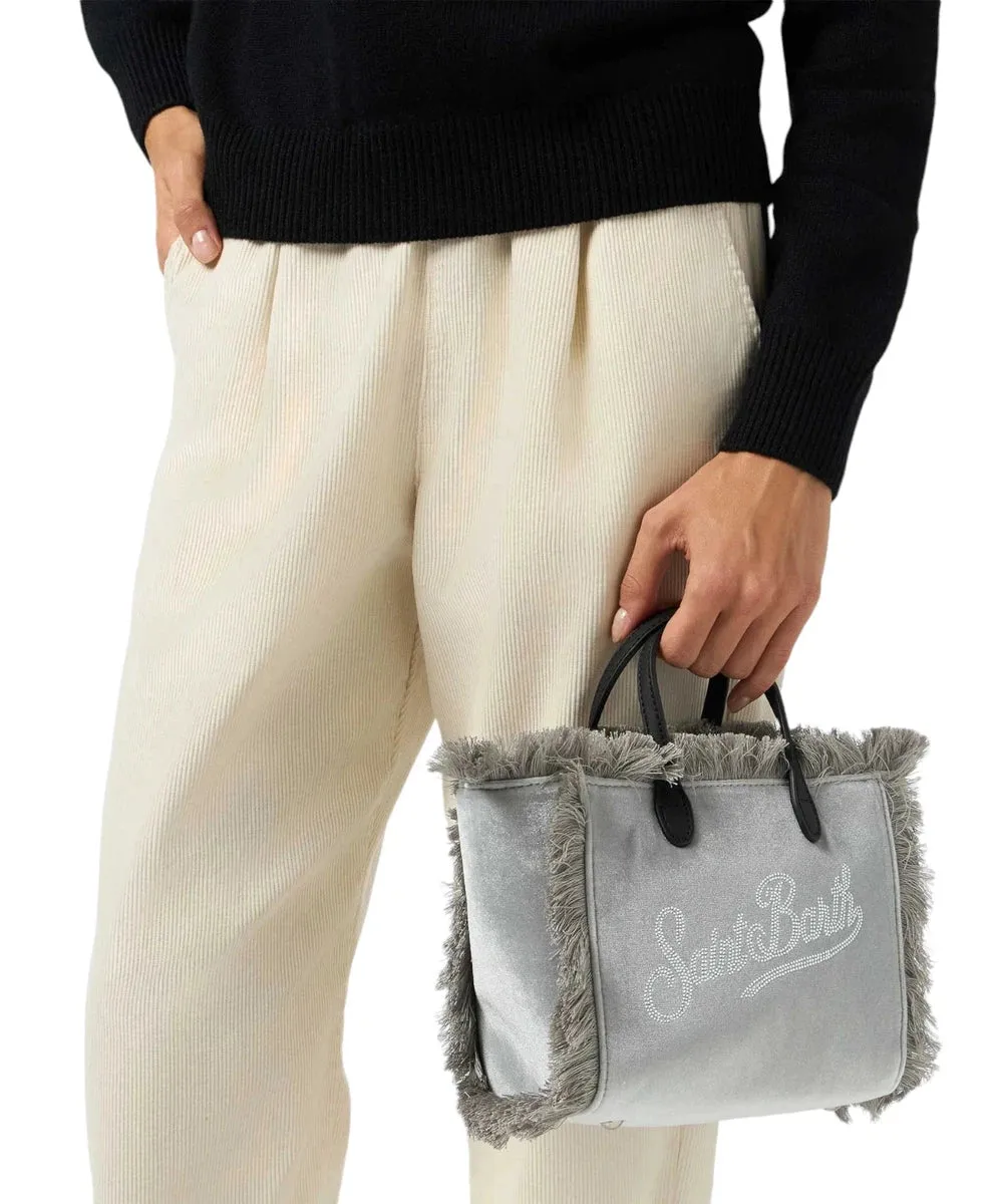 Borsa a Mano Mini Vanity in Velluto Grigio con Logo Saint Barth in Strass