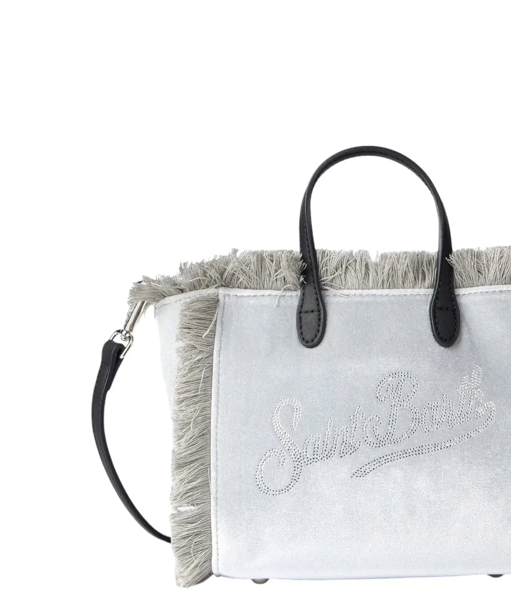 Borsa a Mano Mini Vanity in Velluto Grigio con Logo Saint Barth in Strass