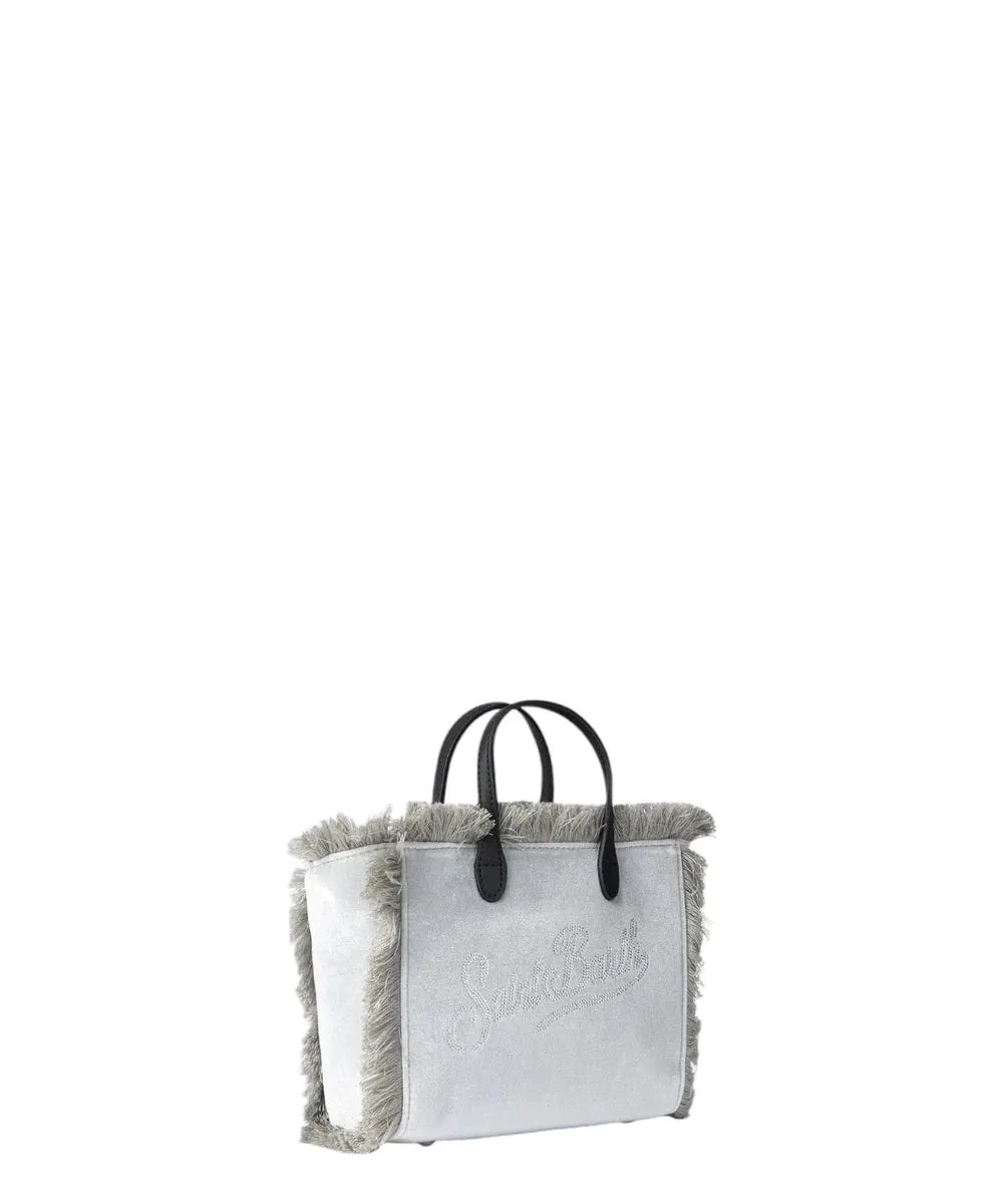 Borsa a Mano Mini Vanity in Velluto Grigio con Logo Saint Barth in Strass
