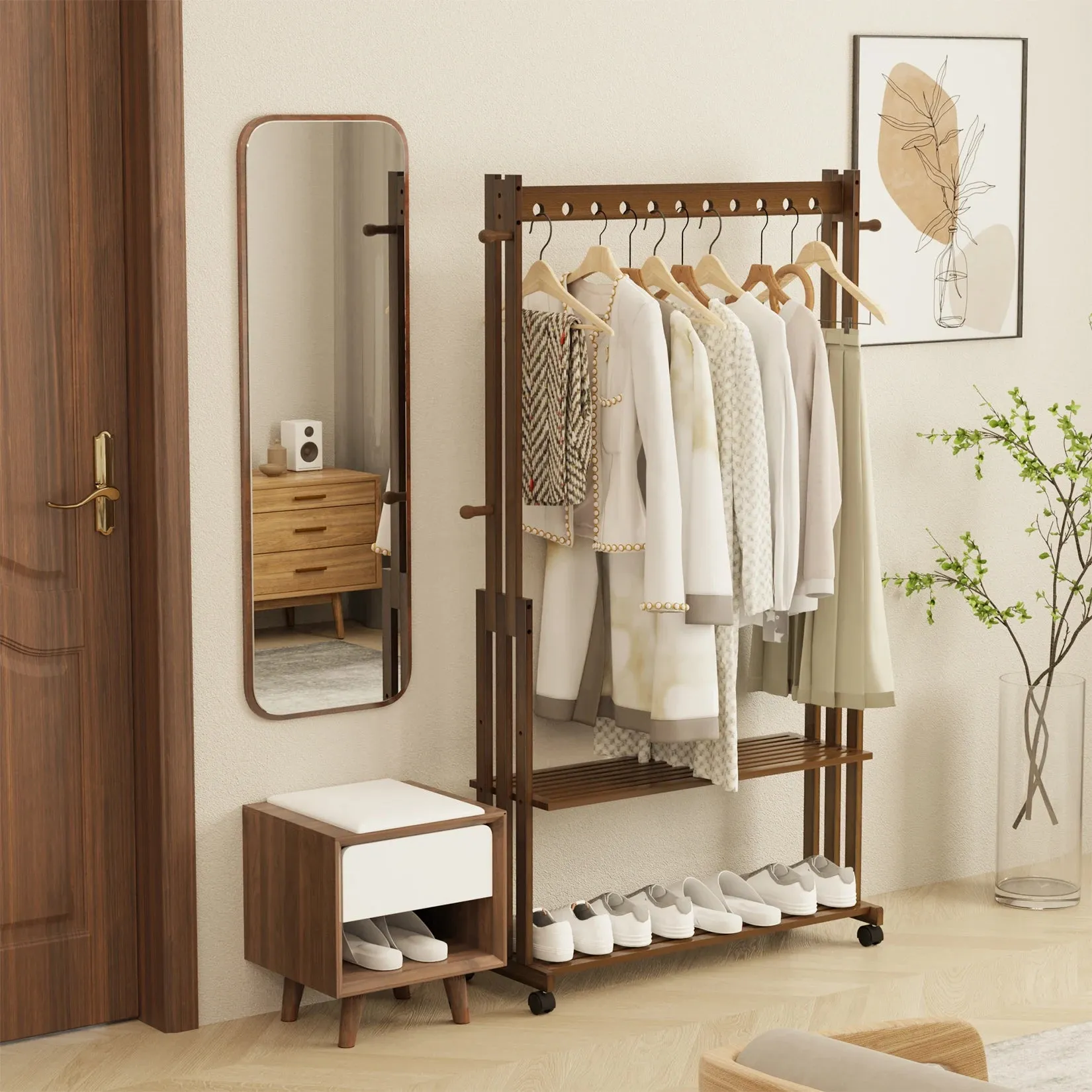 Entryway Hall Tree Coat Stand Shoe Shelves