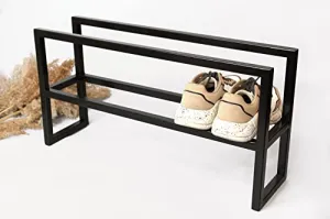 INDIAN DECOR 12502 Metal Shelf For Storing Shoes, Loft Shoe Rack, Industrial Metal Rack, Wood Shelves, metal hallway decor, Metal entryway shelf - Black