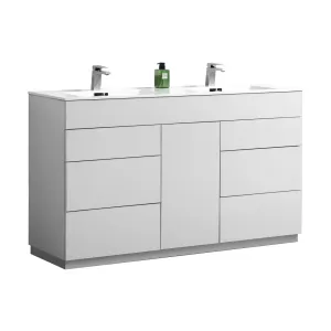 KFM60" High Gloss White, Double Sink, Floor Standing Modern Bathroom Vanity