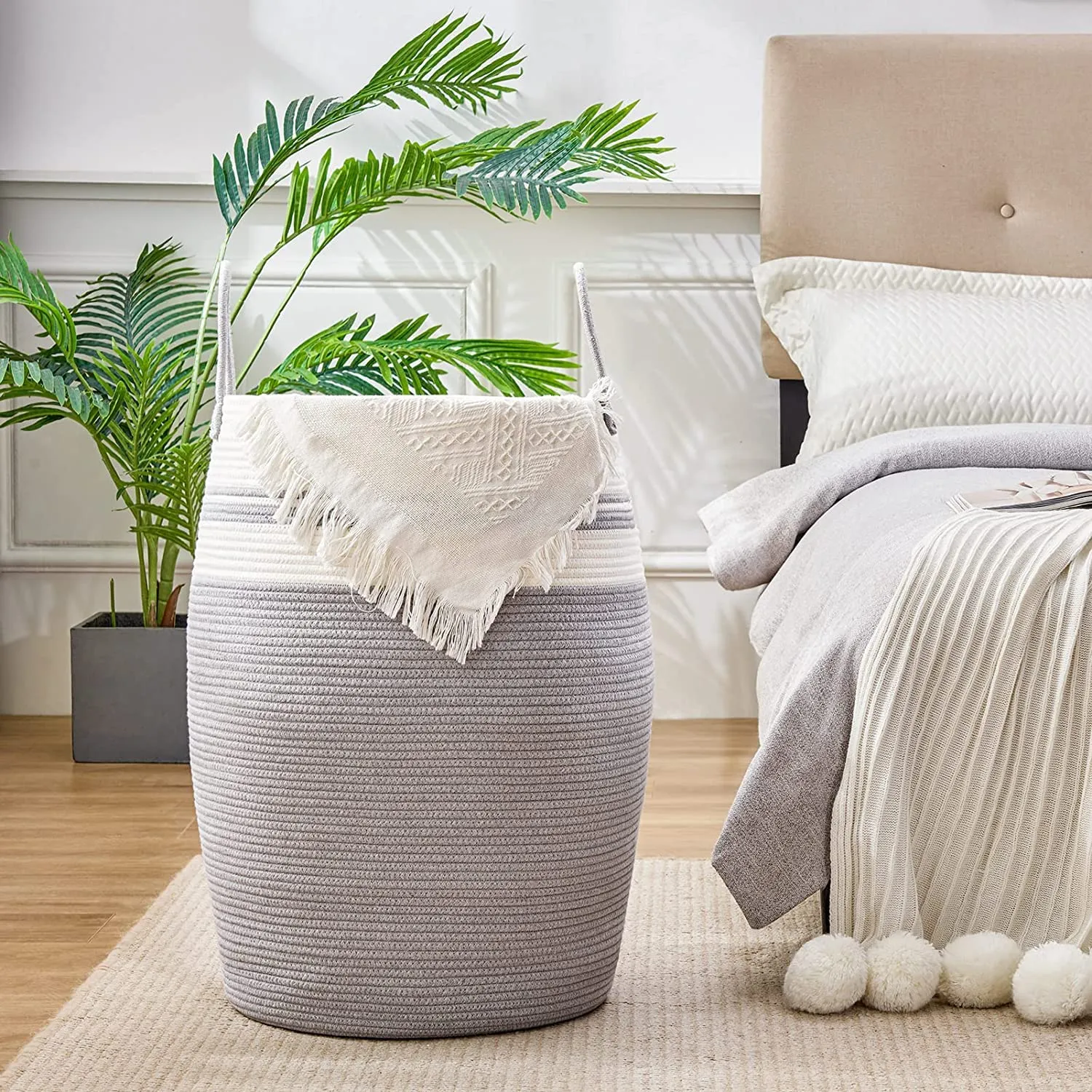 ☆LBY® ute Laundry Hamper Woven Rope Large Clothes Hamper 25.6" Height Tall Laundry Basket with Extended Handles for Storage Clothes Toys in Bedroom, Bathroom, Foldable (White Gray)