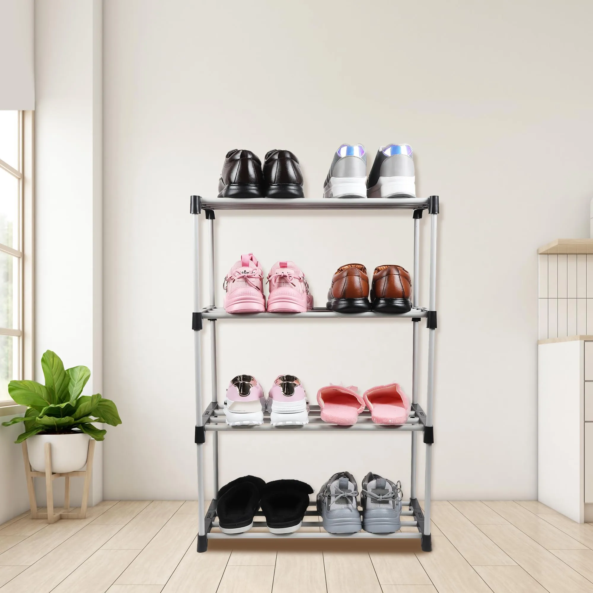 LOTSPEK Multipurpose Shoe Rack for Home | Foldable Slipper/Chappal/Footwear Stand 4 Shelves Plastic Shoe Stand | Collapsible Storage Metal Shoe Stand Easy to Assembled (4 Shelf, Black)