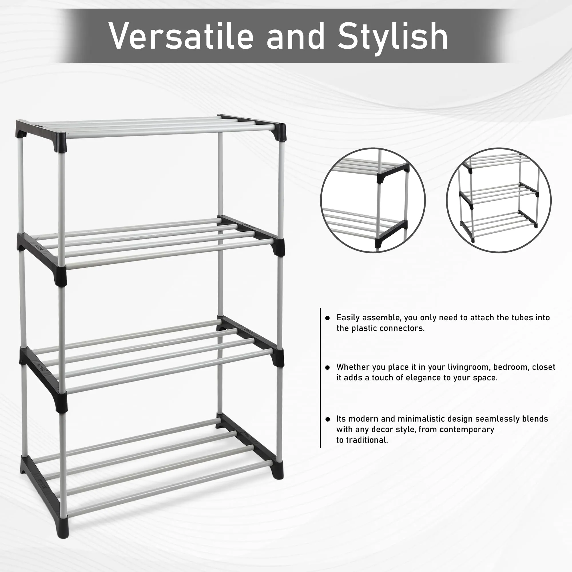 LOTSPEK Multipurpose Shoe Rack for Home | Foldable Slipper/Chappal/Footwear Stand 4 Shelves Plastic Shoe Stand | Collapsible Storage Metal Shoe Stand Easy to Assembled (4 Shelf, Black)
