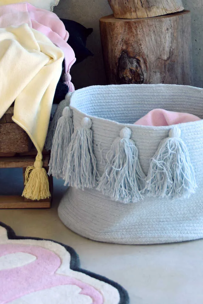 STORAGE BASKET TASSELS SOFT BLUE