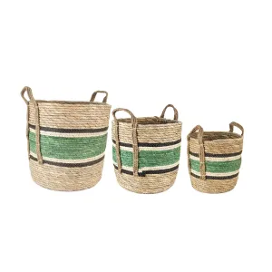 Straw and Corn Basket thick Green Stripe