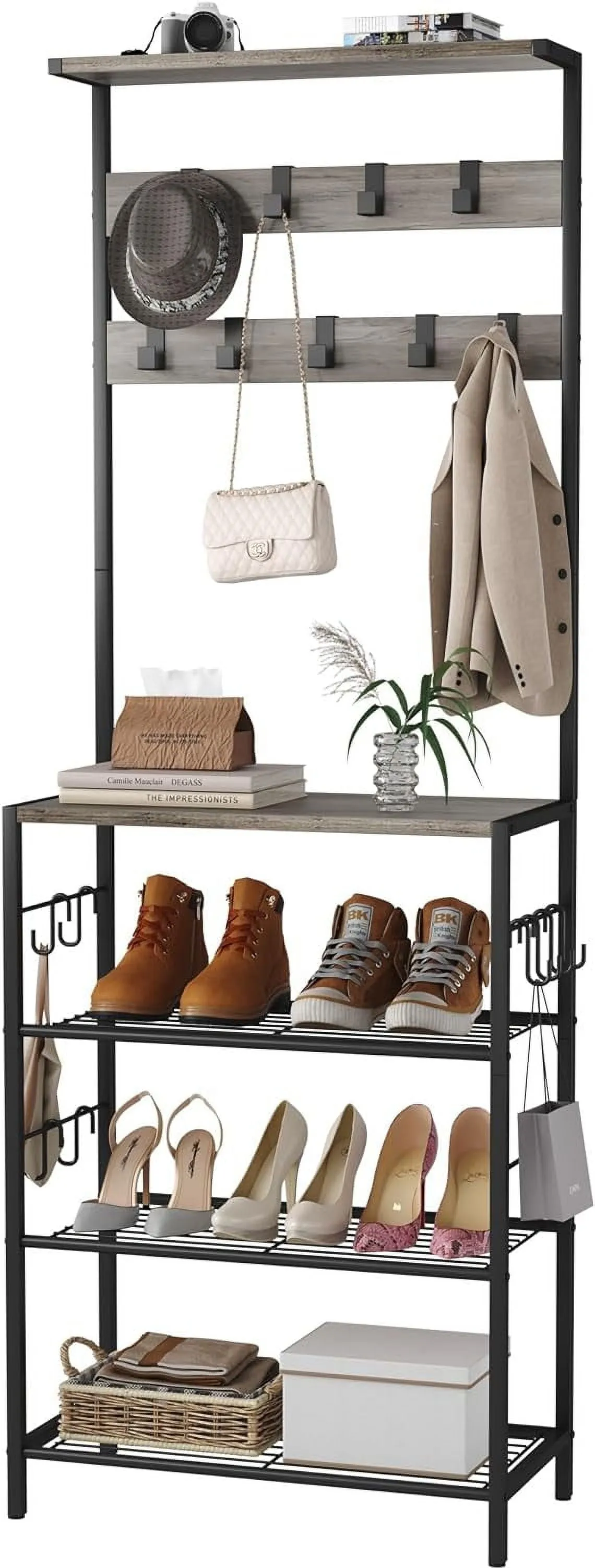 timeless 5-Tier Hall Tree with Shoe Storage, Coat and Shoe Rack Entryway, Freestanding 4-Tier Shoe Rack Storage for Hallway, Bedroom, Dorm, Entryway,Rustic Brown