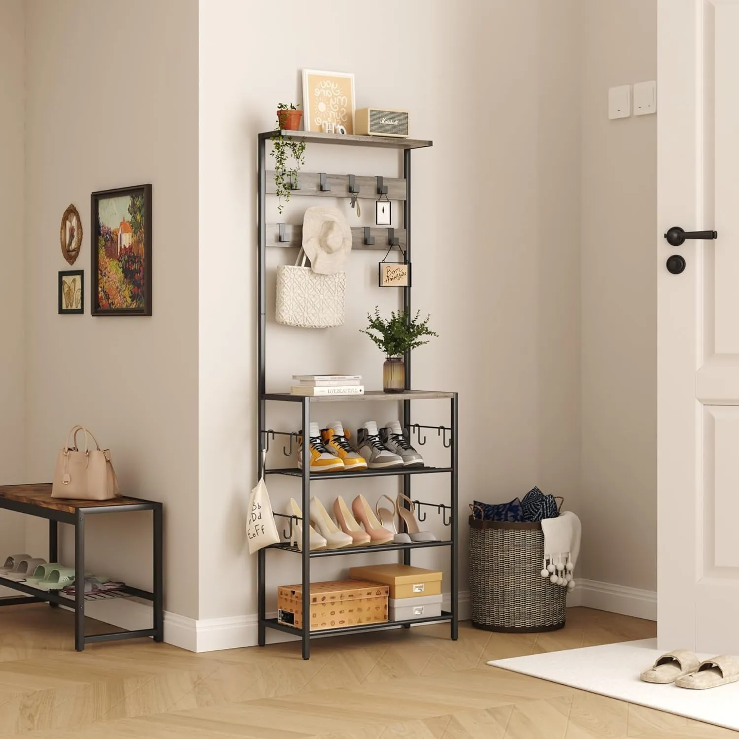 timeless 5-Tier Hall Tree with Shoe Storage, Coat and Shoe Rack Entryway, Freestanding 4-Tier Shoe Rack Storage for Hallway, Bedroom, Dorm, Entryway,Rustic Brown