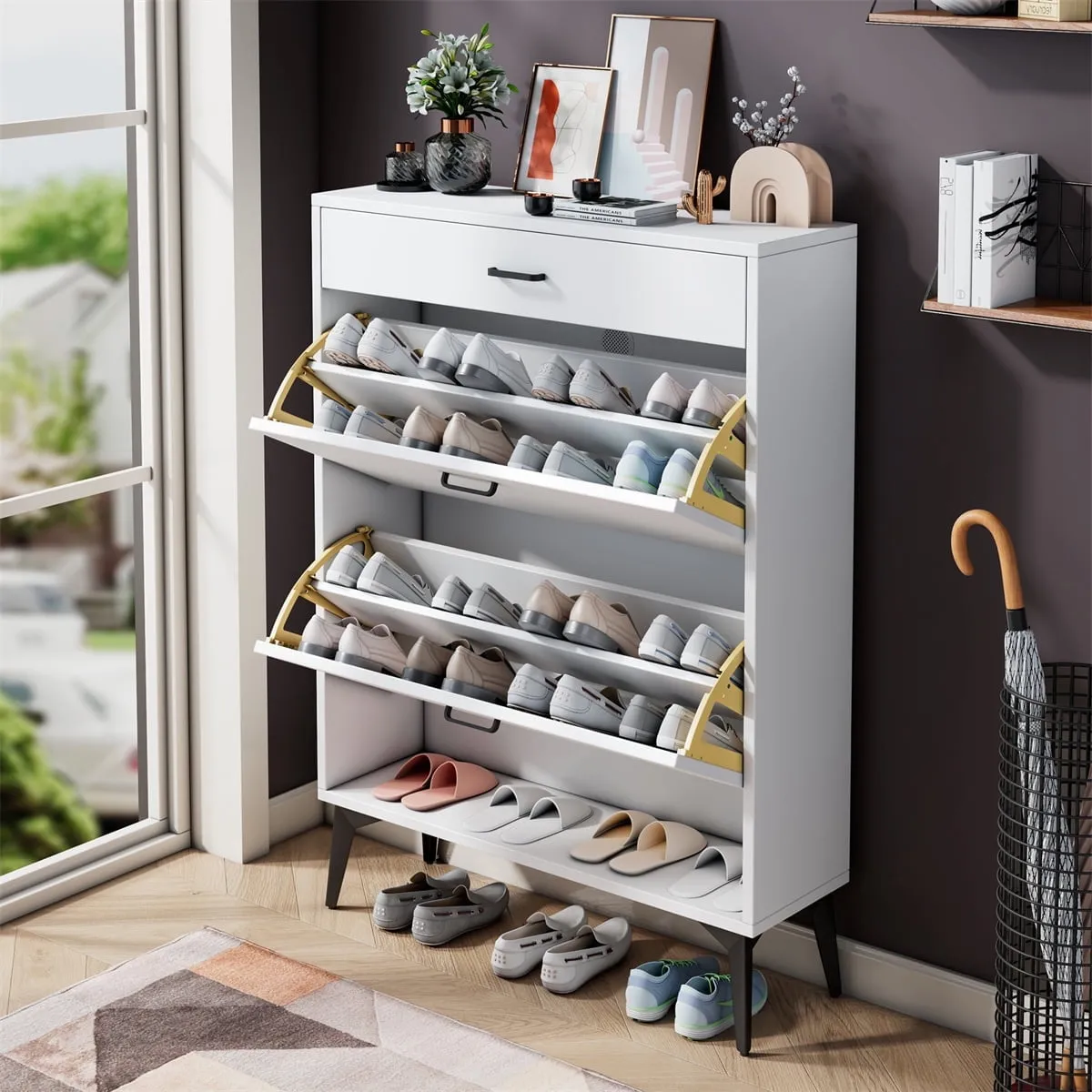 versatile Shoe Cabinet with 2 Flip Drawers and Open Shelf,Free Standing Shoe Racks Storage Cabinet with Metal Legs,Shoe Rack Organizer Entrance Shoe Storage Cabinet Narrow Closet for Entryway Hallway,White