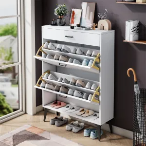versatile Shoe Cabinet with 2 Flip Drawers and Open Shelf,Free Standing Shoe Racks Storage Cabinet with Metal Legs,Shoe Rack Organizer Entrance Shoe Storage Cabinet Narrow Closet for Entryway Hallway,White
