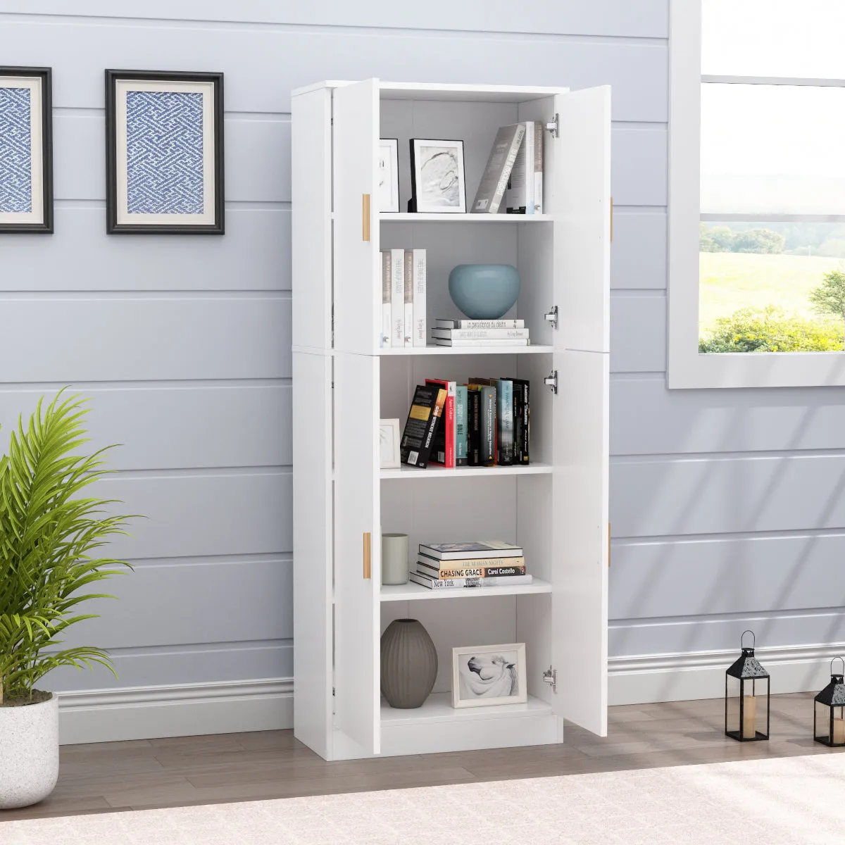 White 5-Tire Shelf Multi-Space Storage Cabinet Study Bookcase Stand for Storage