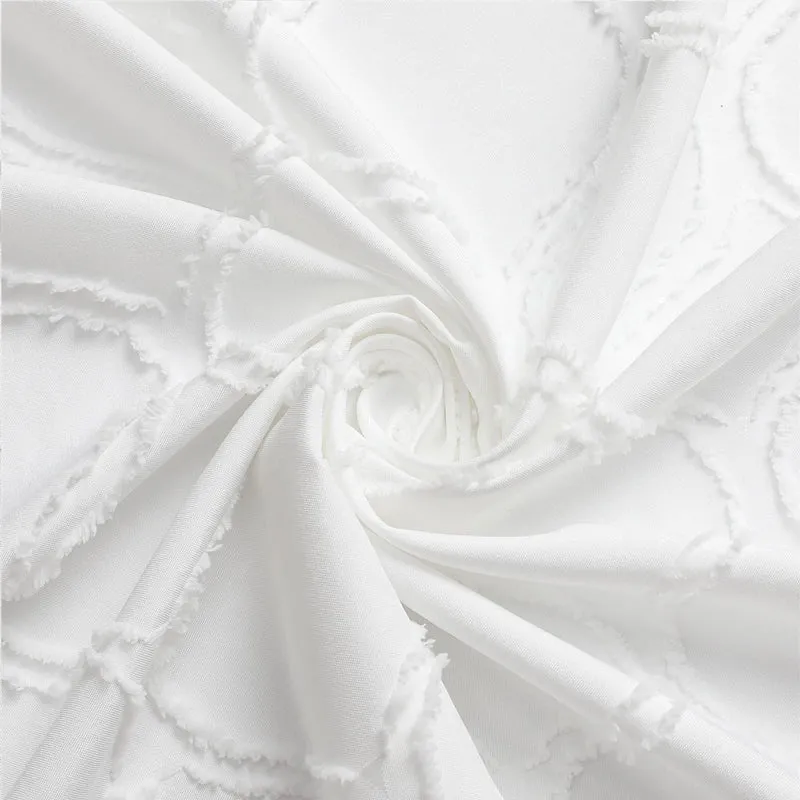 White Boho Shower Curtain with Tufted Pleat Floral Pattern