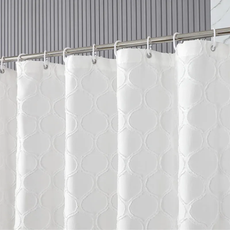 White Boho Shower Curtain with Tufted Pleat Floral Pattern