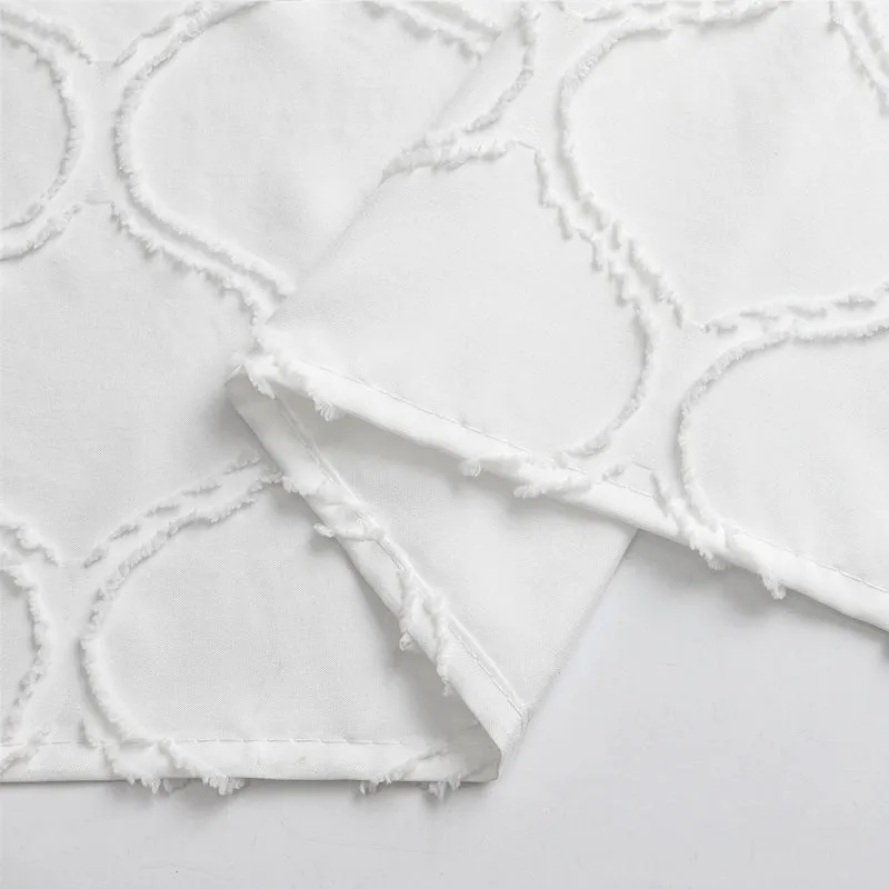 White Boho Shower Curtain with Tufted Pleat Floral Pattern