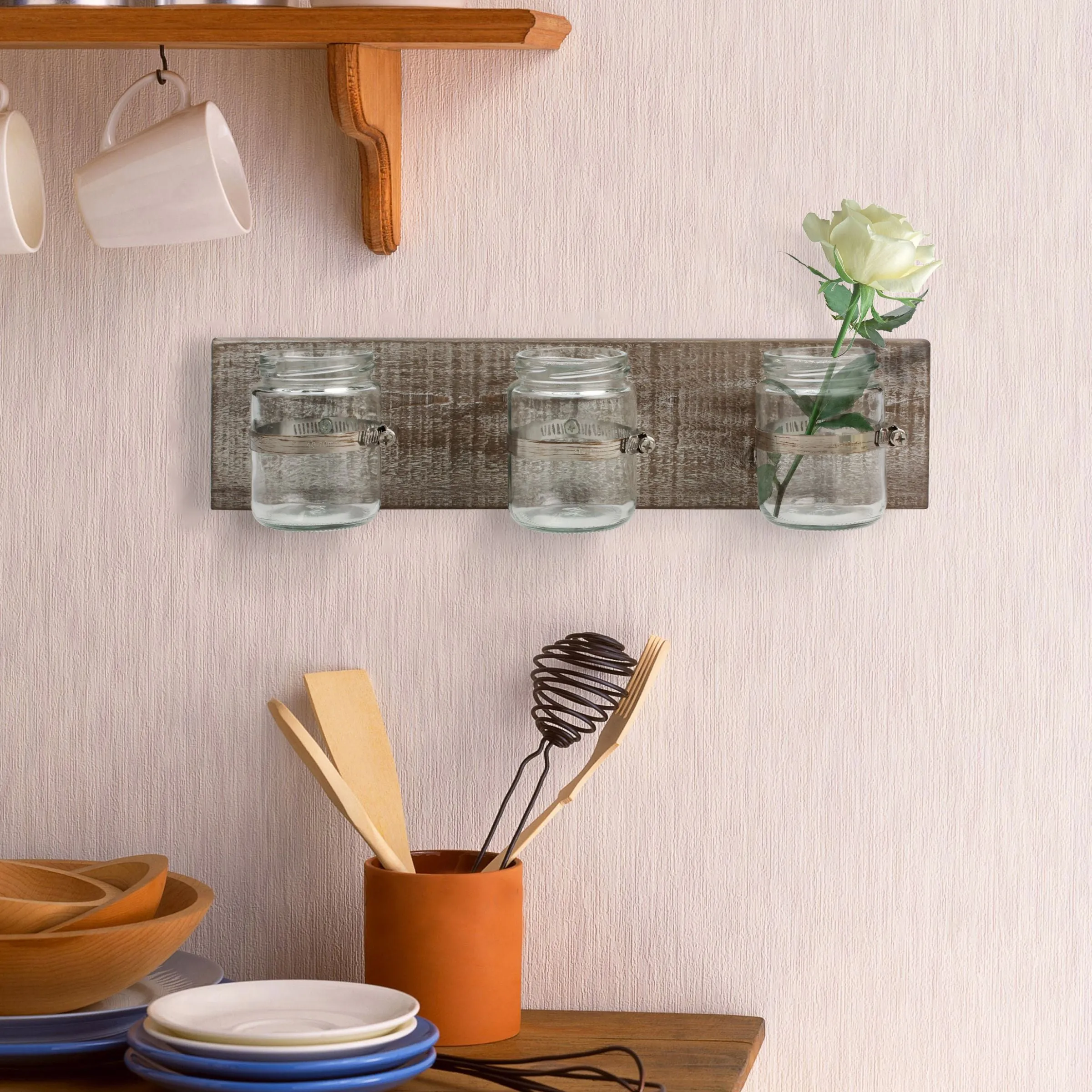 Worn Wood Wall Decor with 3 Glass Containers (WS)
