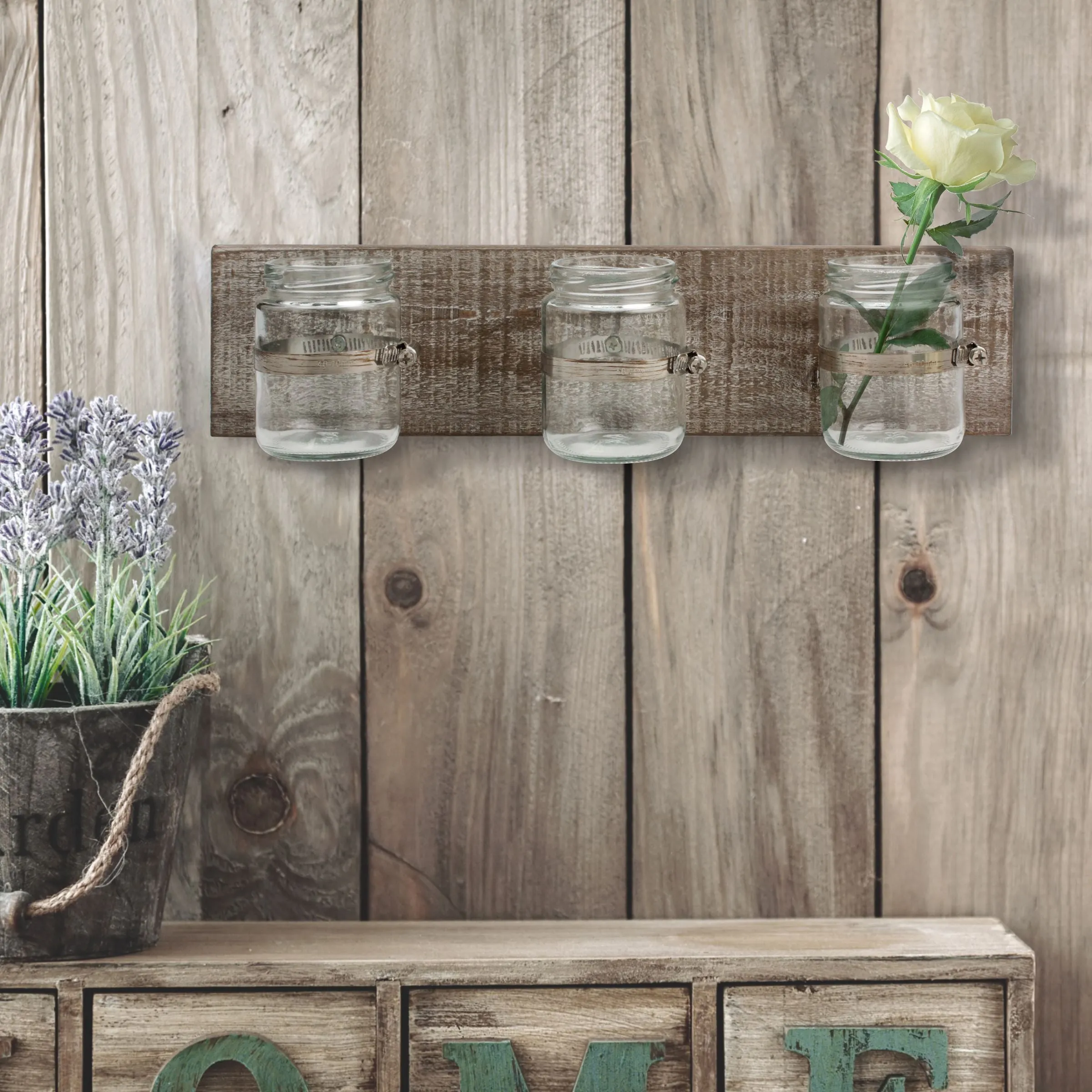 Worn Wood Wall Decor with 3 Glass Containers (WS)